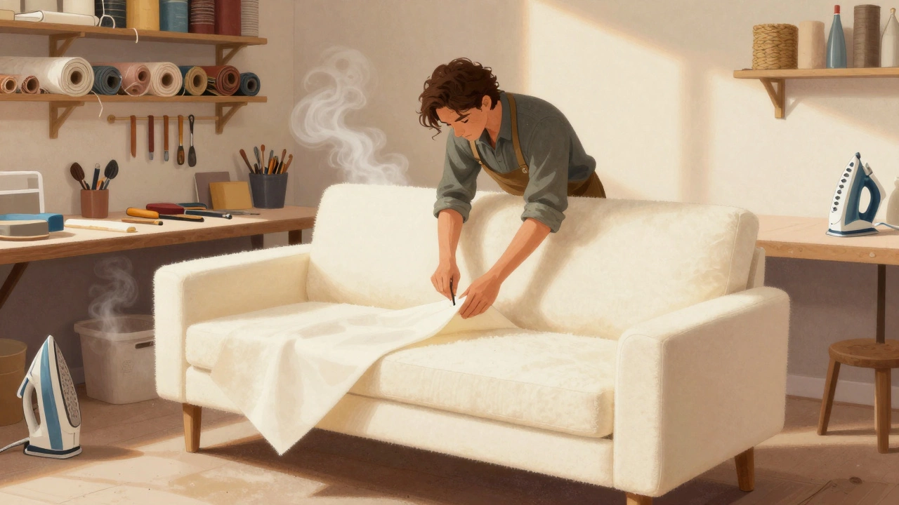 An upholsterer hand-stitching premium fabric onto a couch frame in a cozy workshop, foam and tools visible on the bench.