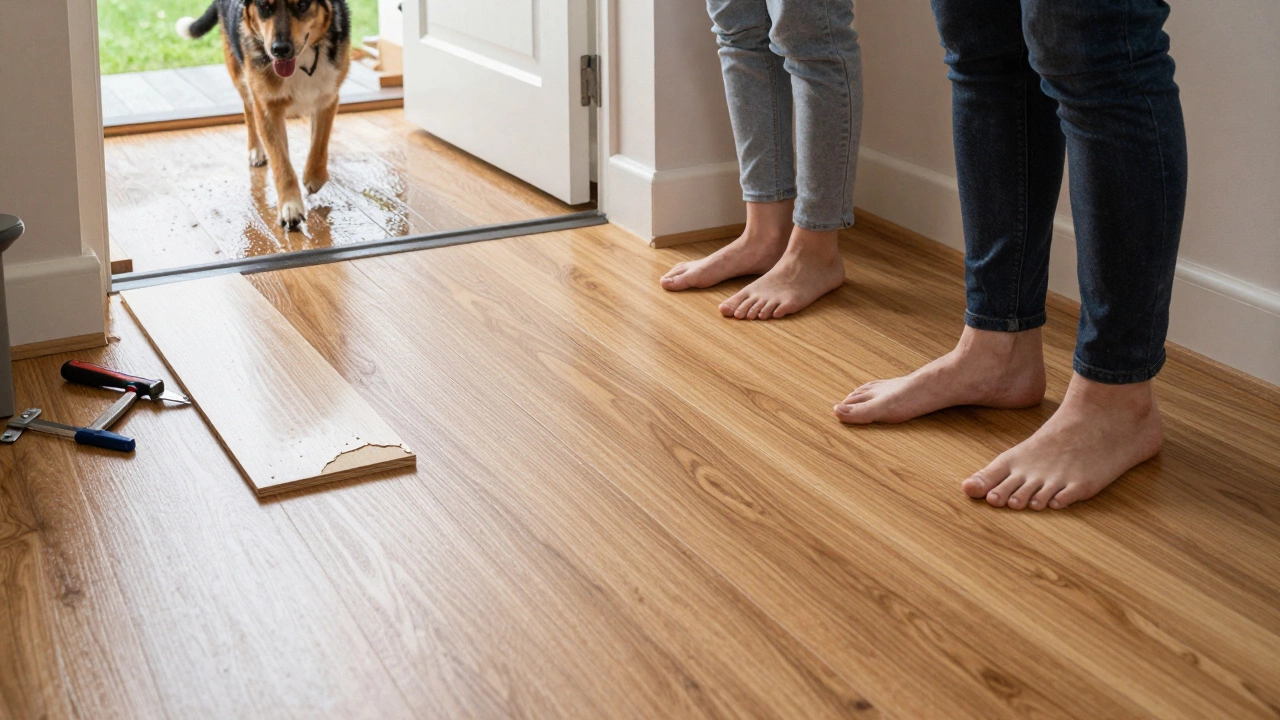 Barefoot family walking on warm vinyl flooring while pet tracks rainwater that wipes clean.