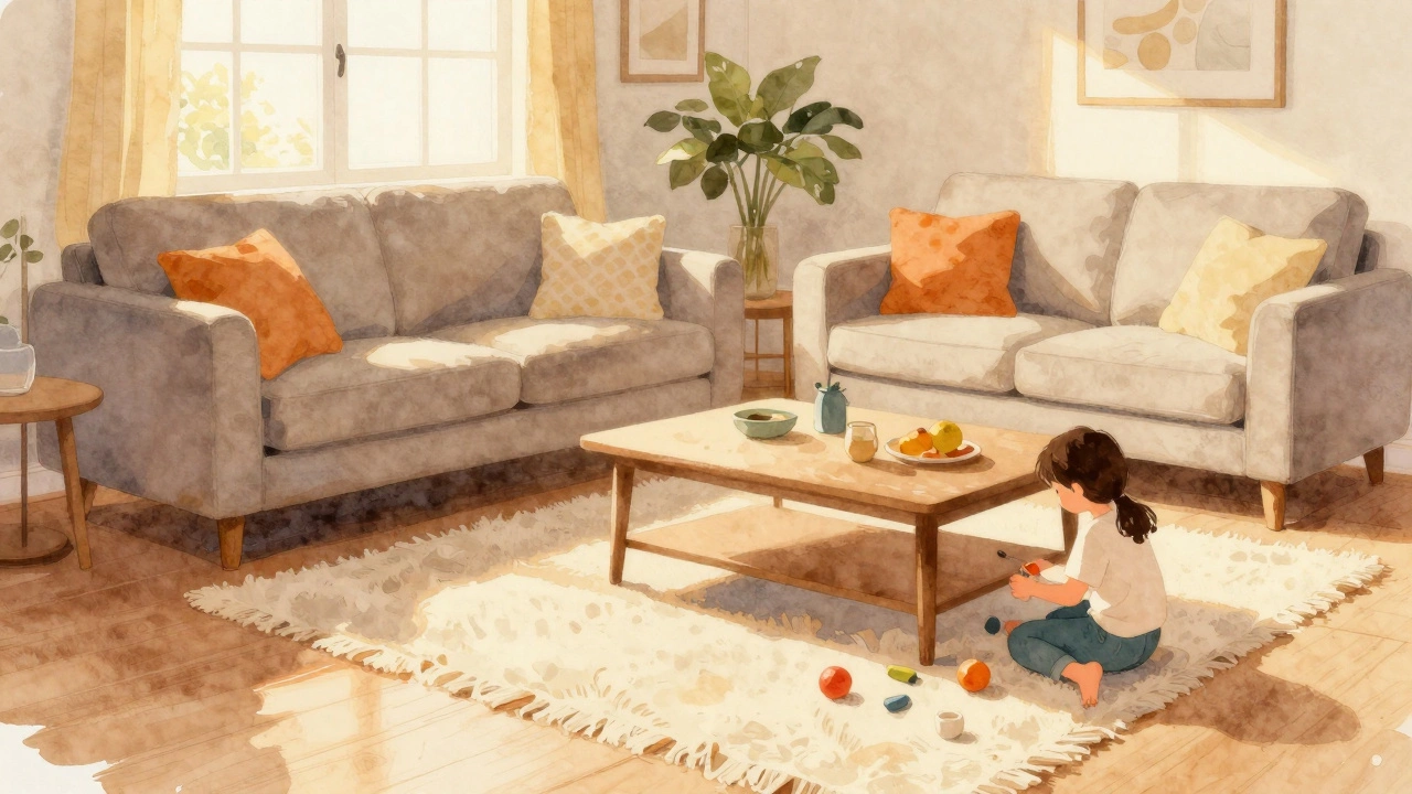 Children playing on wool rug under sofa and coffee table in family room