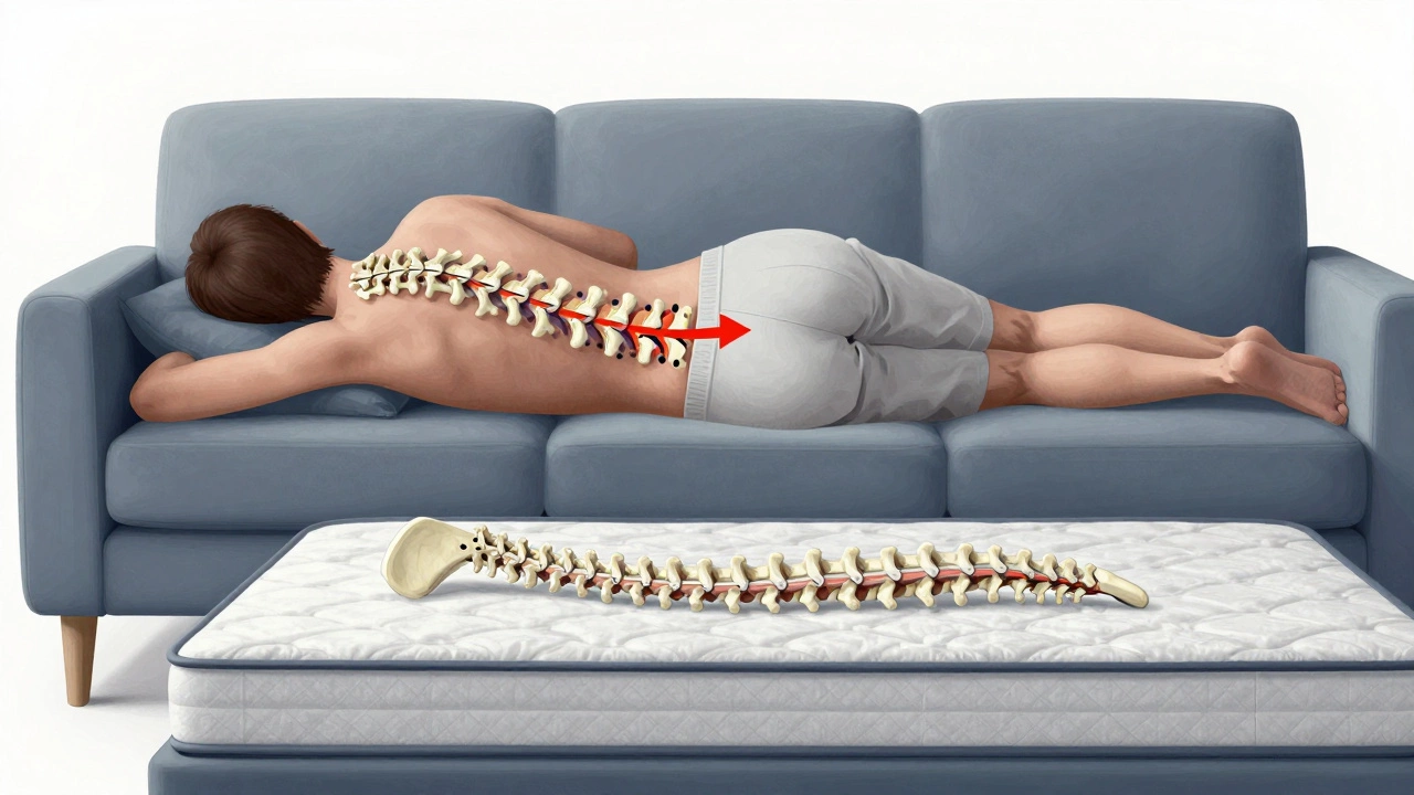Cross-section of spine showing unnatural curvature and nerve compression on a sofa bed.