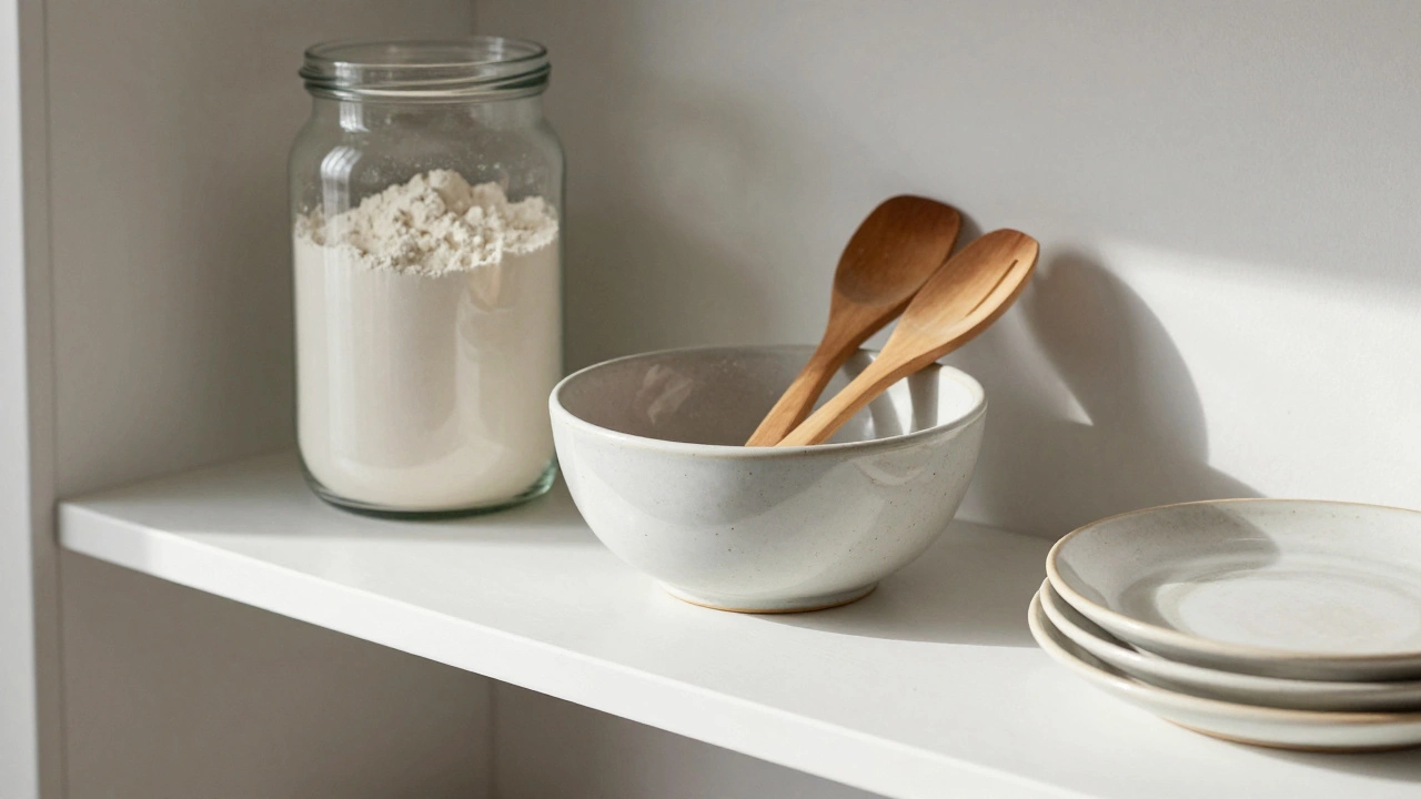 Kitchen shelf with glass jar, ceramic bowl, and stacked plates forming a simple triangular composition.