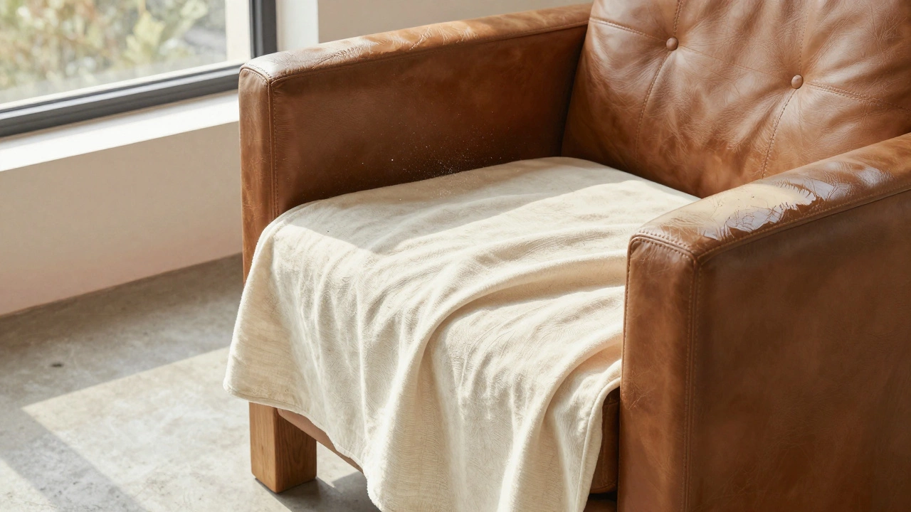 Leather armchair covered in a soft cotton sheet, conditioned and raised off concrete floor with sunlight highlighting texture.