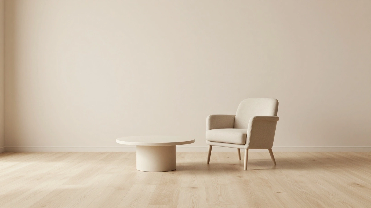 Minimalist room with armchair and coffee table on bare light wood floor