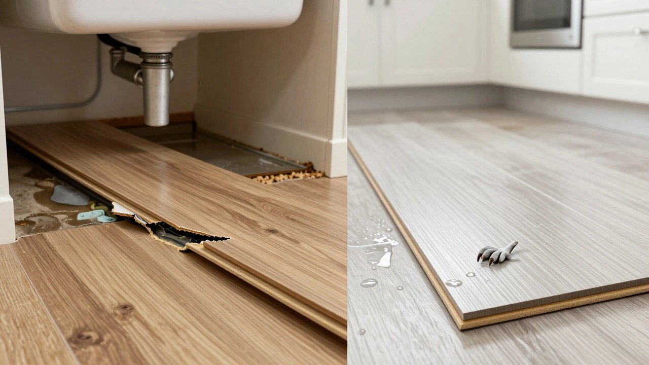 Side-by-side: warped laminate vs. scratch-free vinyl flooring under water exposure.