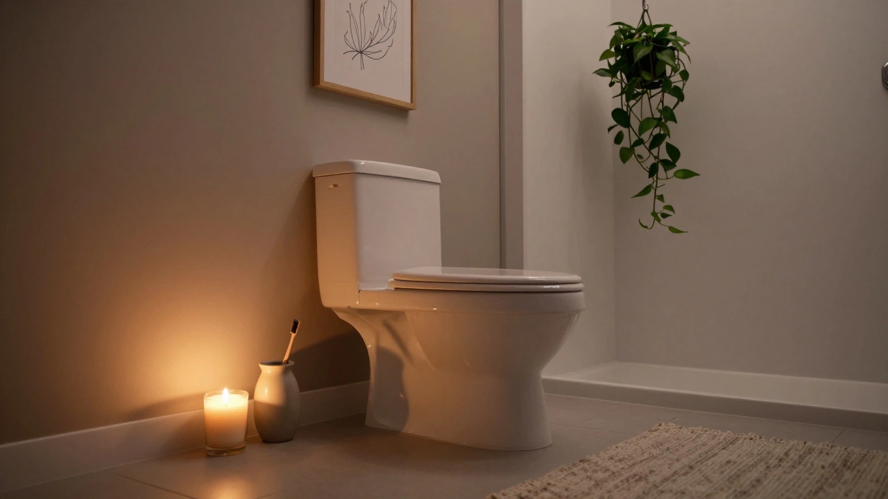 Spa-like bathroom at dusk with a glowing candle, pothos vine, and framed art under soft ambient lighting.