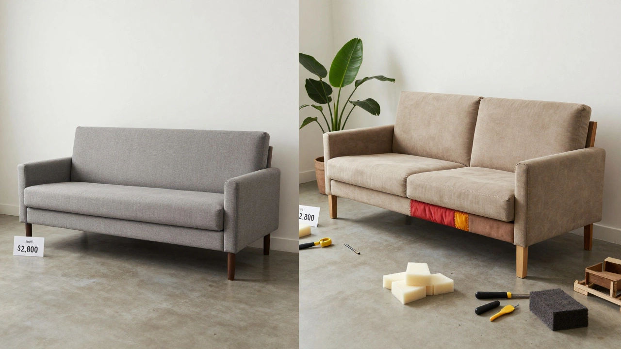 Split image comparing a cheap new sofa to a restored vintage couch, symbolizing sustainability and craftsmanship.