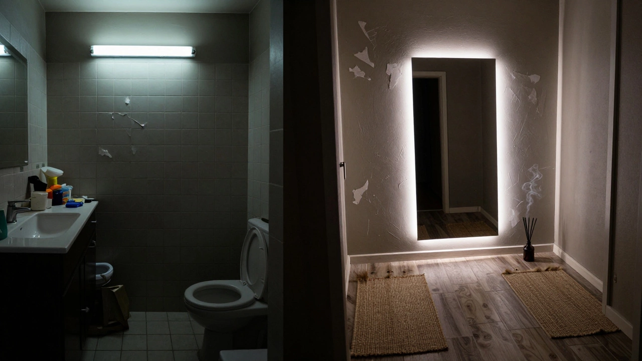 Split image showing a dated bathroom transformed with new flooring, mirror, and textiles in earthy tones.