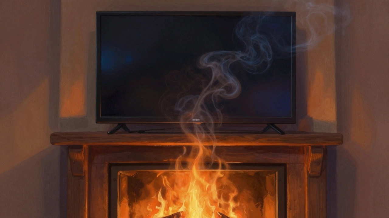 TV mounted above fireplace with heat waves rising, gap visible between wall and TV.