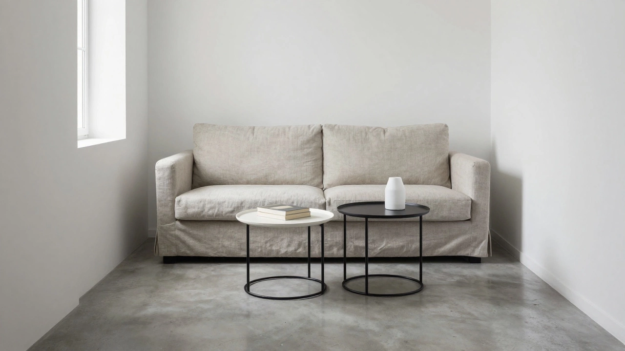 Two small round side tables in front of a linen sofa, optimizing space in a narrow urban living room.