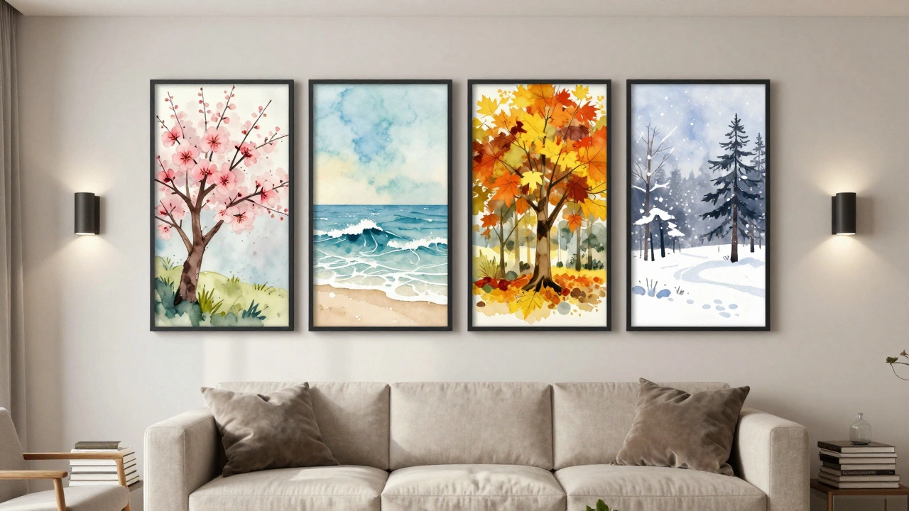 A modern four-panel seasonal polyptych above a sofa in a minimalist living room.