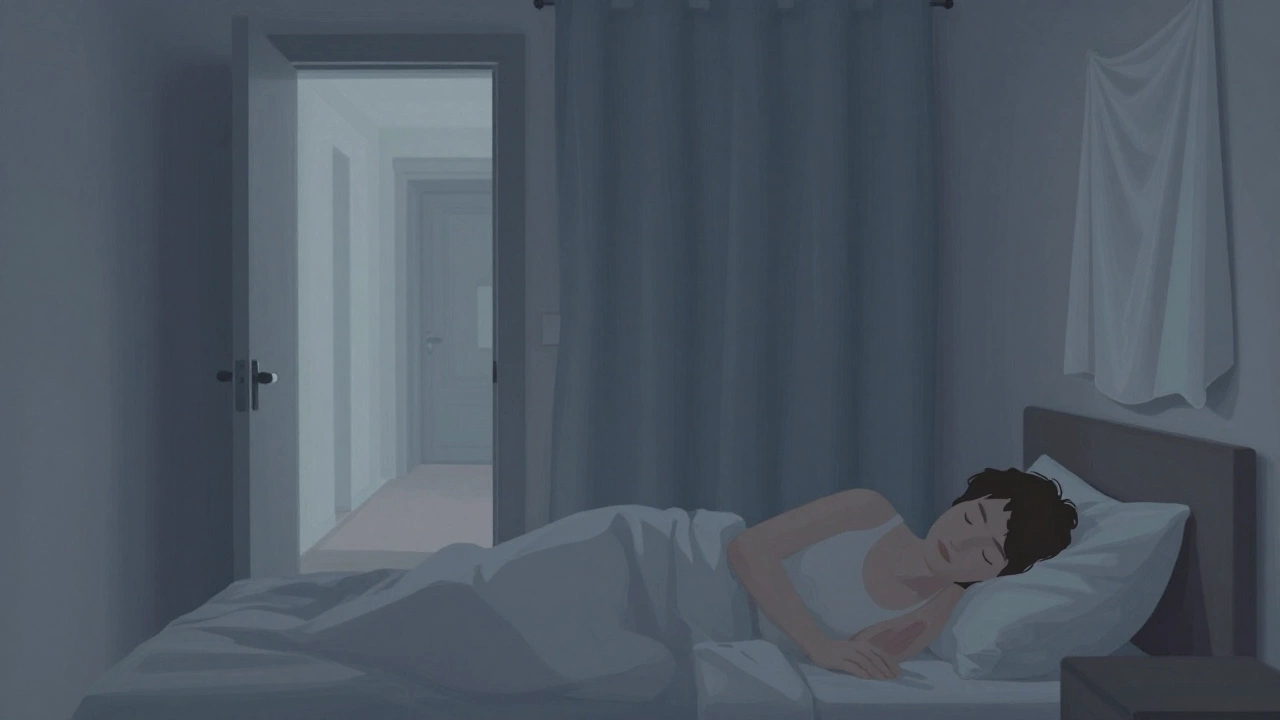 A person sleeping peacefully with their back to a solid headboard, sideways to the bedroom door, which is slightly open, and a covered mirror on the wall.