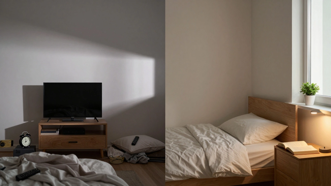 A side-by-side comparison of a bedroom with and without a TV, showing cluttered nighttime chaos versus calm, sleep-friendly space.