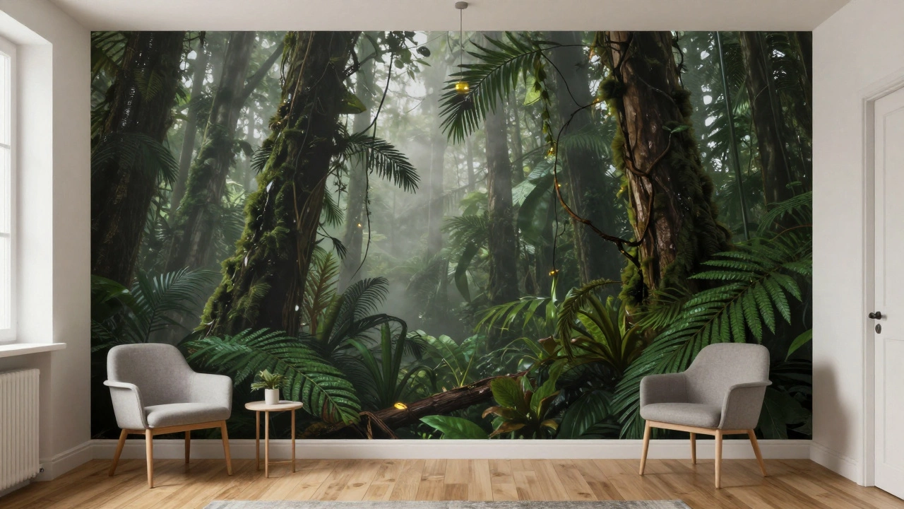 A small apartment wall covered in photorealistic rainforest wallpaper with mist and kauri leaves, under soft ambient light.