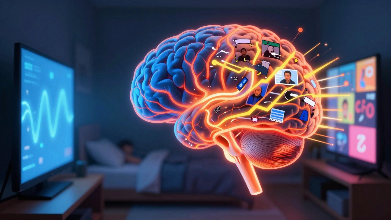 An abstract brain illustration showing sleep signals being disrupted by chaotic TV light patterns in a bedroom setting.