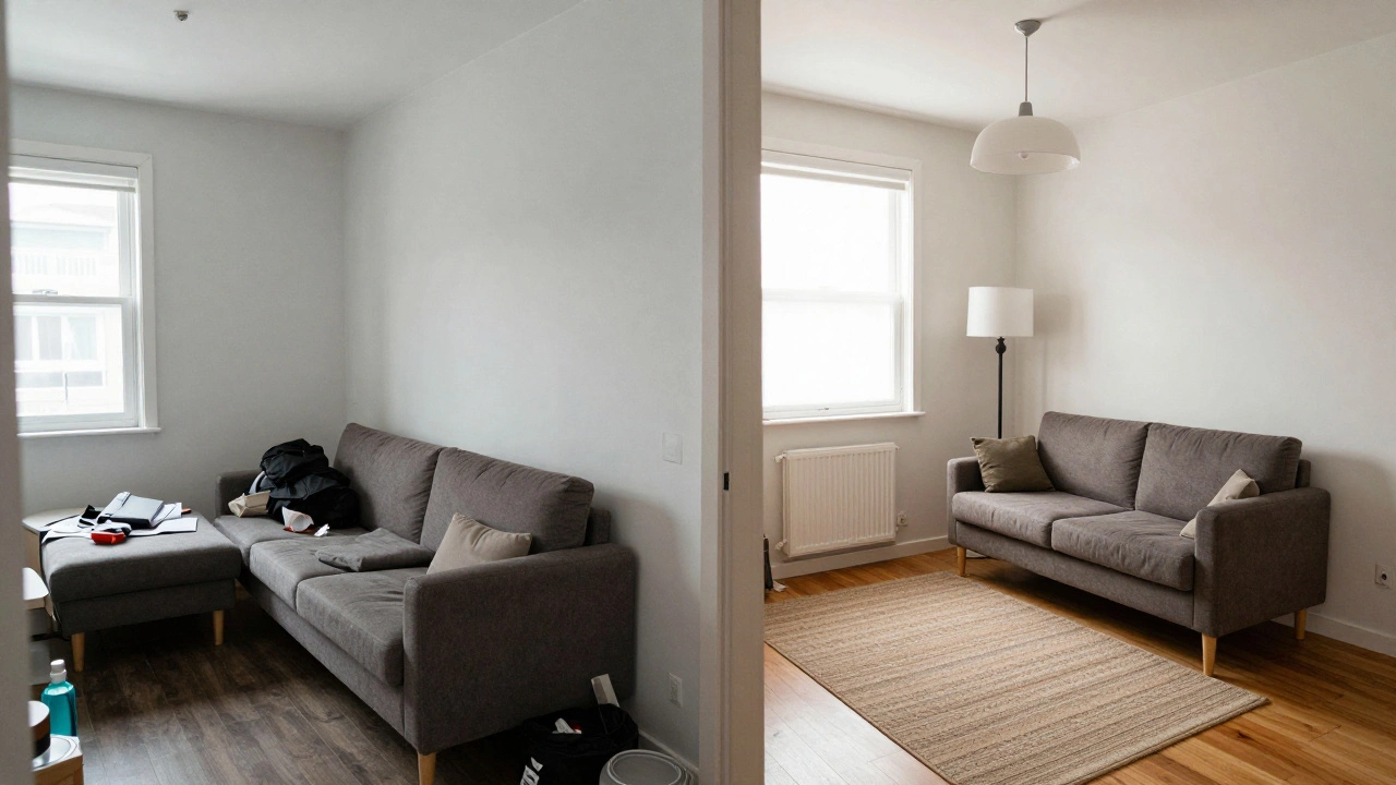 Before and after view of a small apartment: cluttered corner transformed into a cozy reading nook.
