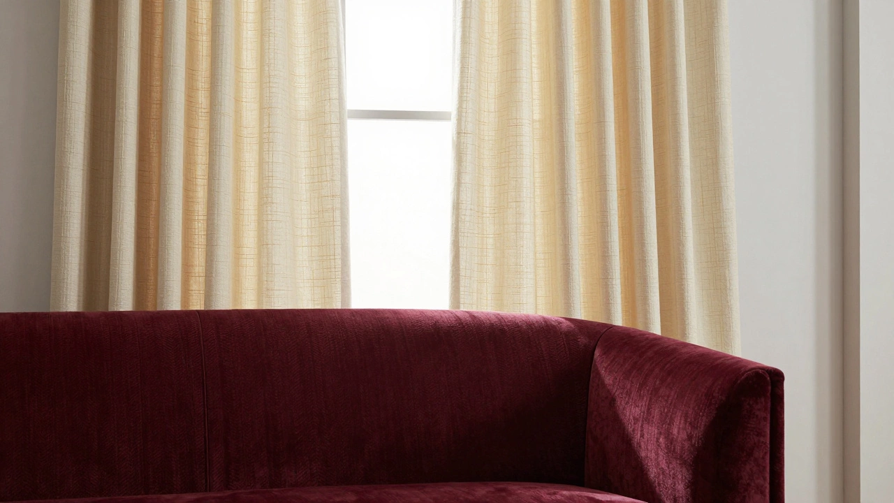 Burgundy velvet sofa paired with cream-and-gold-threaded curtains in warm afternoon light.