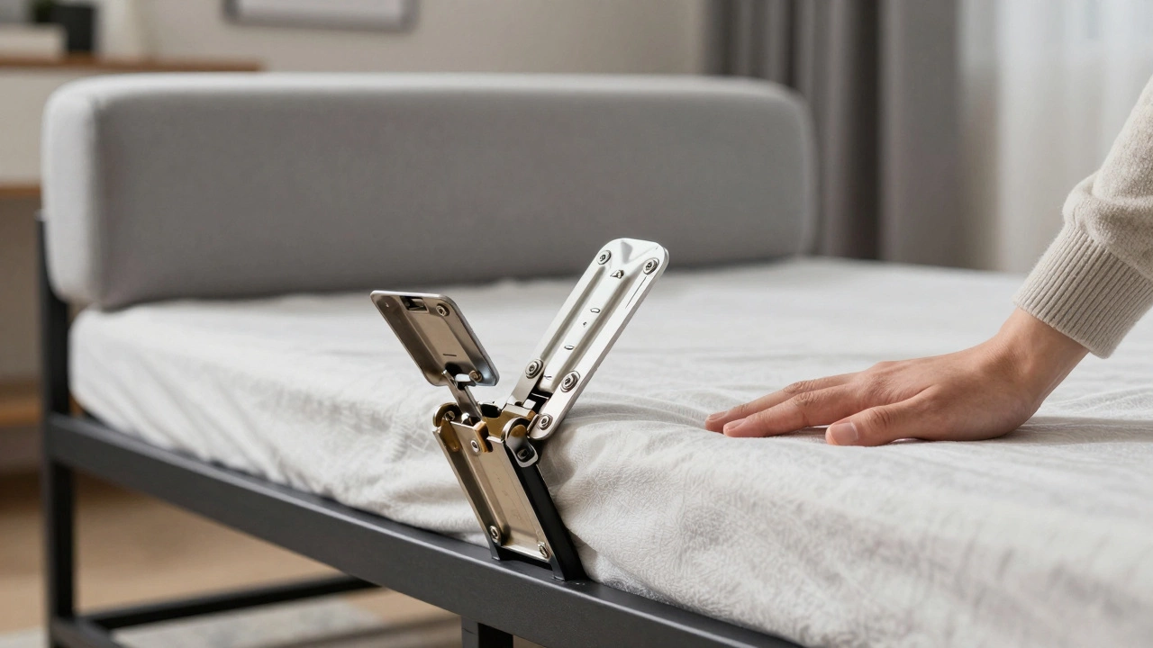 Close-up of a sturdy steel mechanism unfolding smoothly on a premium sleeper sofa, highlighting quality construction.