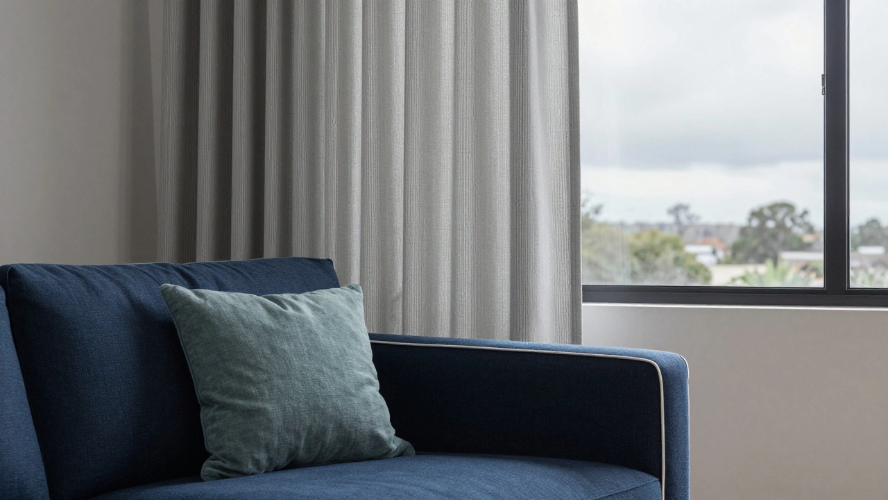 Dark blue sofa with white piping and light gray striped curtains, framed by a window.