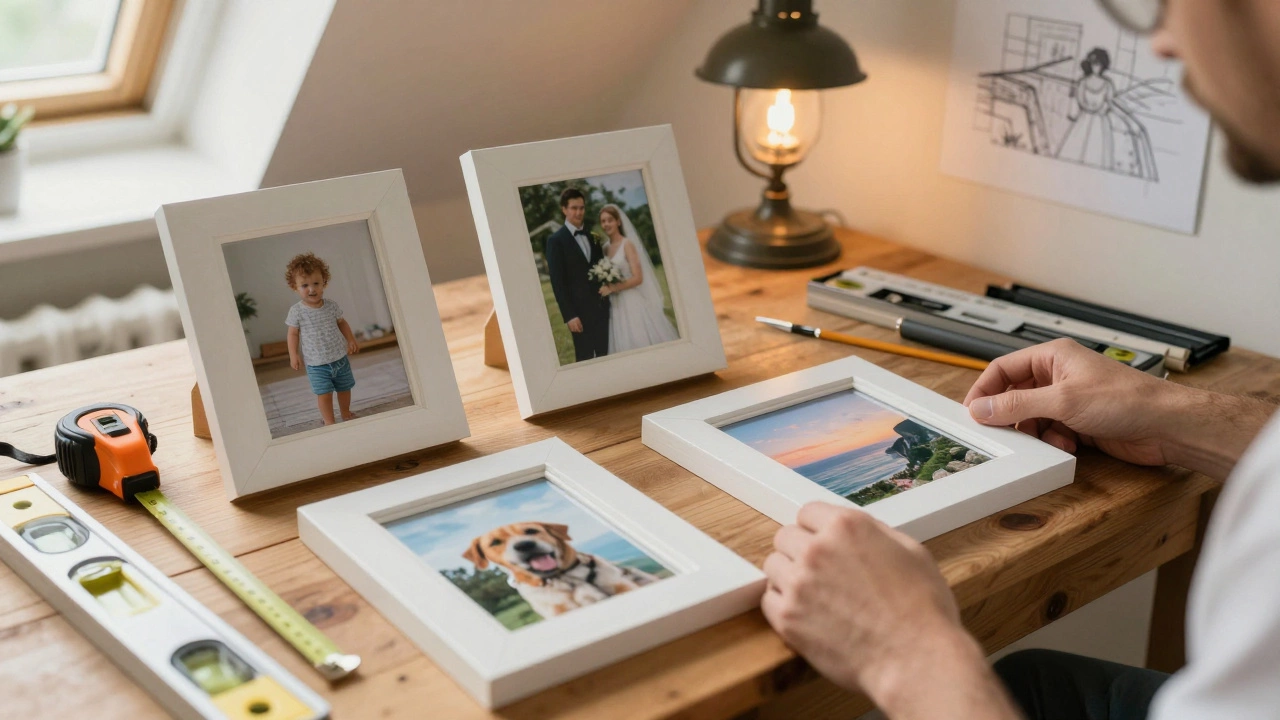 Hands arranging four personal photo prints into a DIY polyptych on a wooden table.