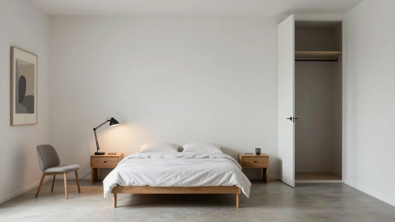 Minimalist bedroom with ample open space around the bed, balanced nightstands, a swing-arm lamp, and a fully open closet door for easy access.