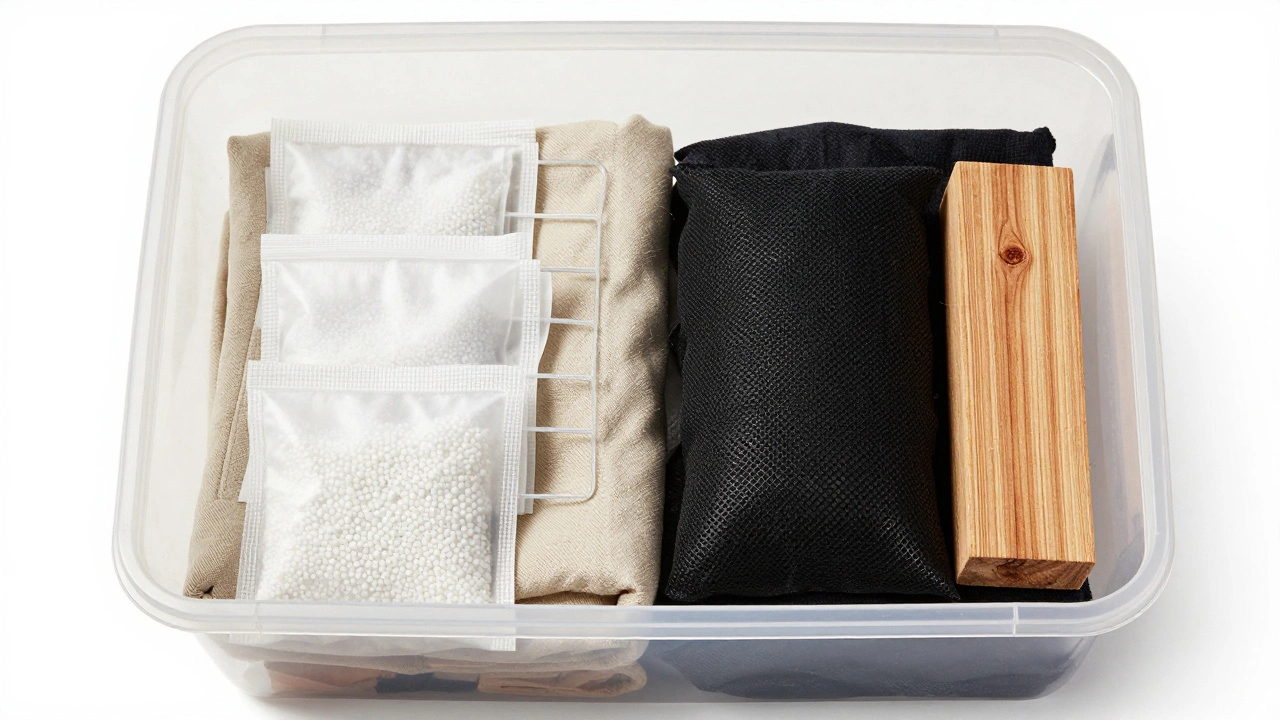 Open bin with silica gel, charcoal, and cedar inside