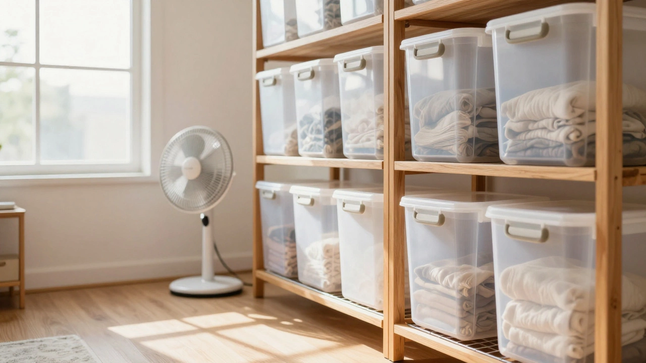 Sealed bins on pallets with fan for ventilation