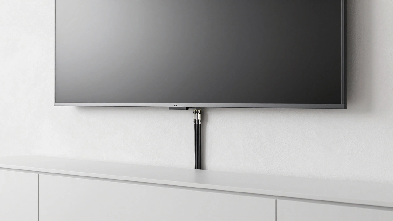 Slim wall-mounted TV with visible cable management channels.