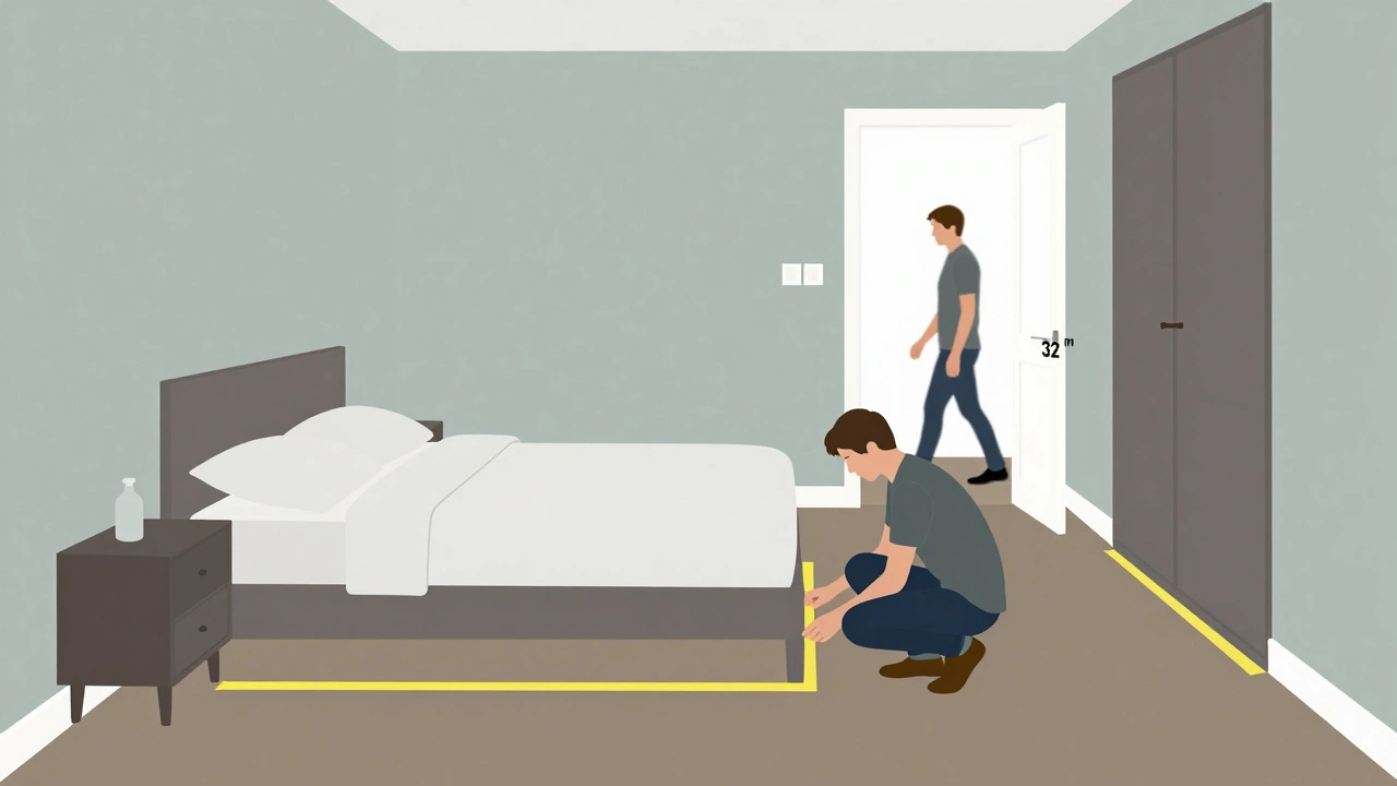 Someone testing bedroom furniture placement with painter’s tape on the floor, measuring clearance around a bed and closet door in a UK-style room.
