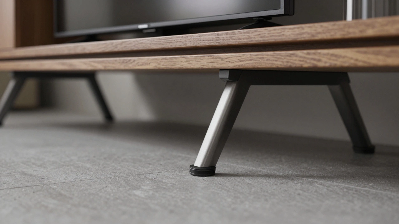 Television feet positioned on a narrow media shelf edge.