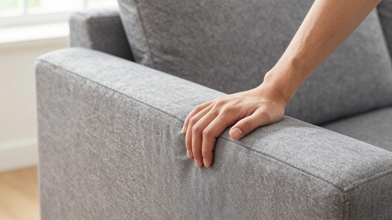 A hand testing the firmness and bounce-back of a high-quality sofa armrest