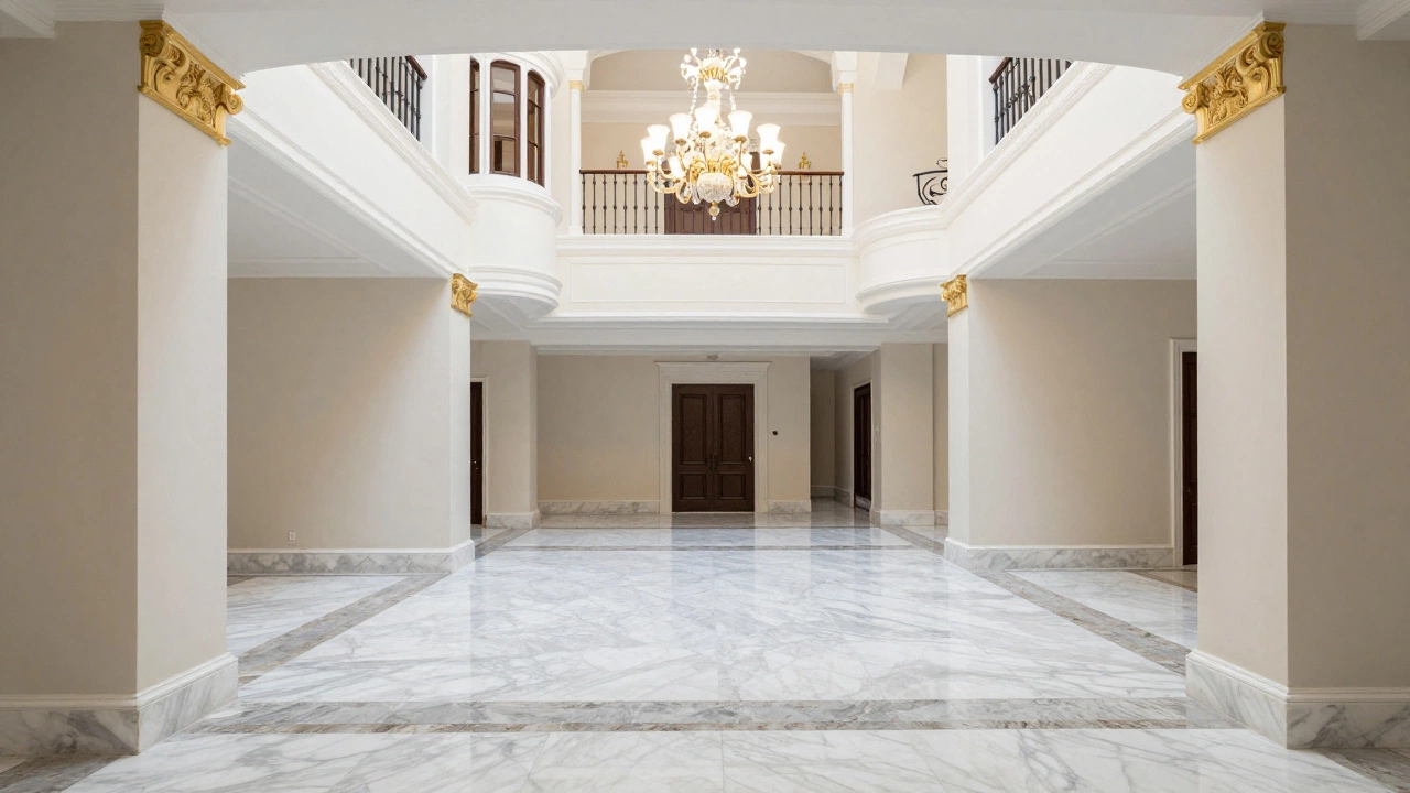 A massive, cold, and empty McMansion foyer with luxury finishes and a high ceiling.