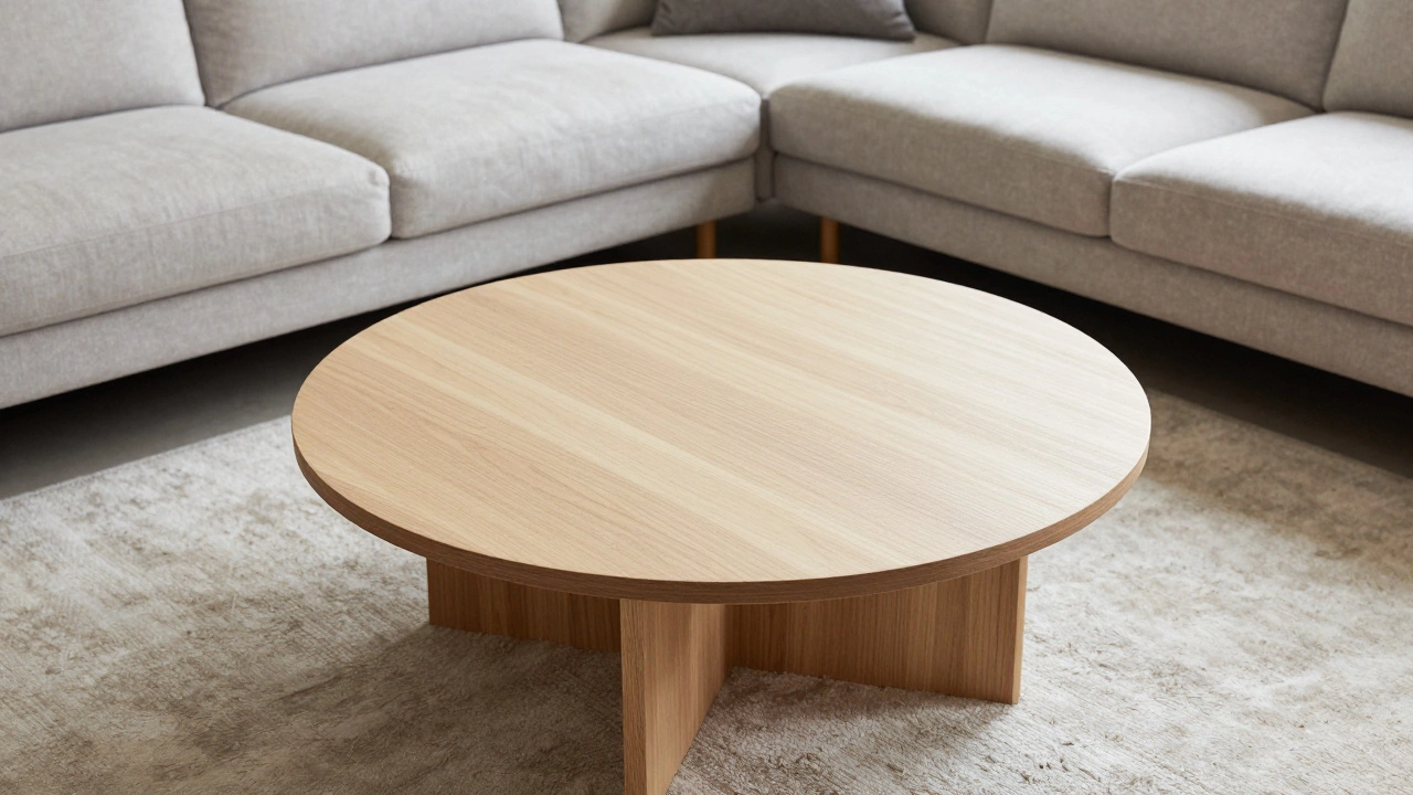 A round coffee table placed in a living room to create a smooth flow and contrast with a sectional sofa.