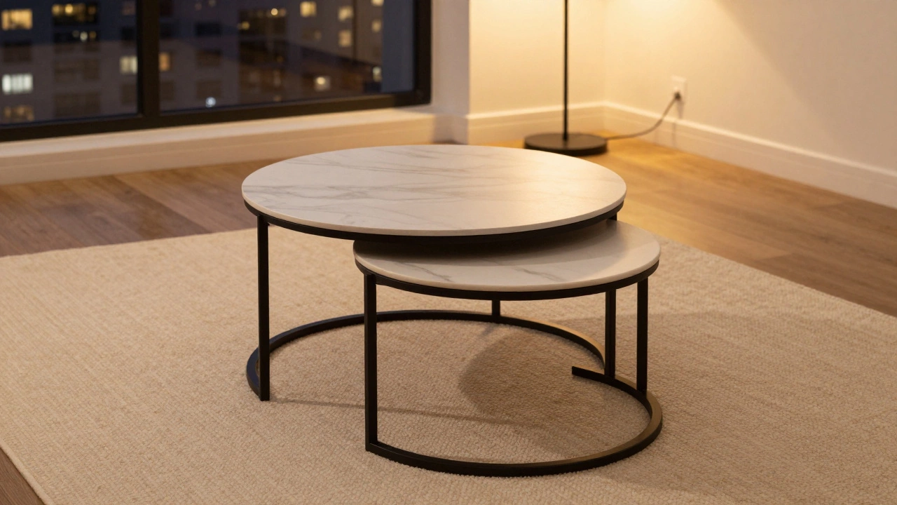 A set of two nesting coffee tables on a cream area rug in a cozy small apartment.