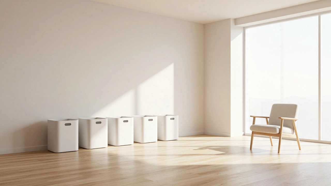 Bright minimalist living room with open space and a few organized storage bins