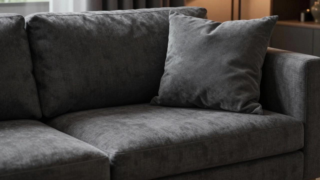 Close-up of a high-density foam seat cushion and a large accent pillow on a grey sectional