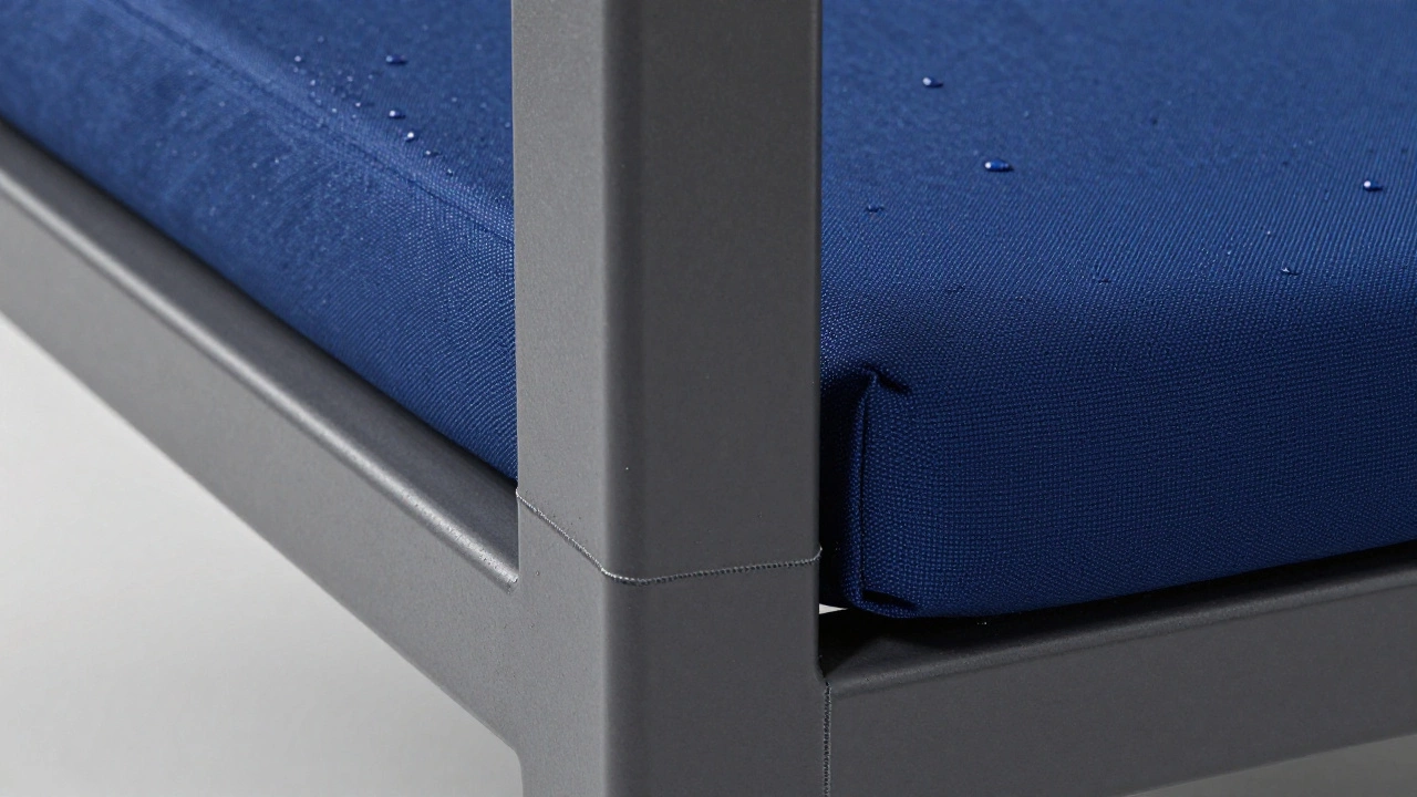 Close-up of a seamless powder-coated aluminum joint and water-beading navy blue Sunbrella fabric.