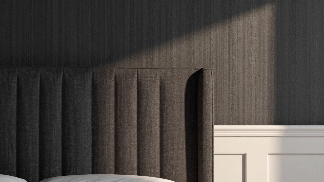 Close-up of deep-ribbed charcoal fabric wallpaper behind a bed headboard