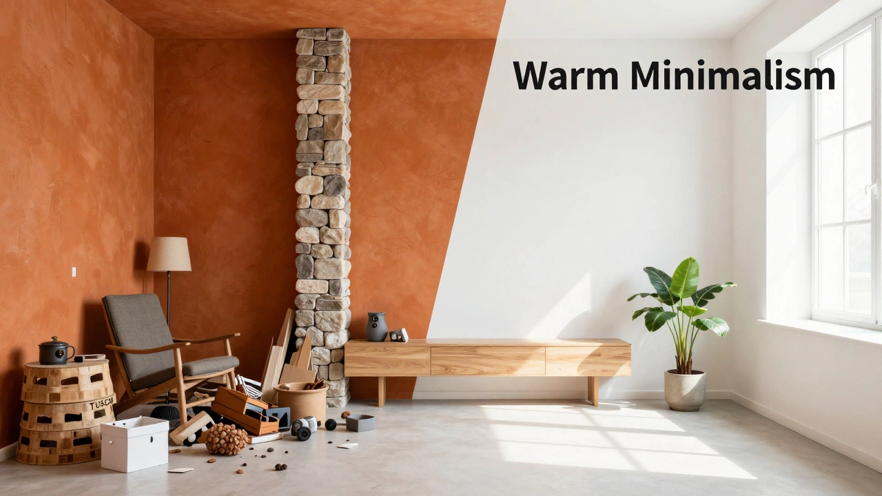 Comparison between a cluttered themed interior and a bright, warm minimalist room.