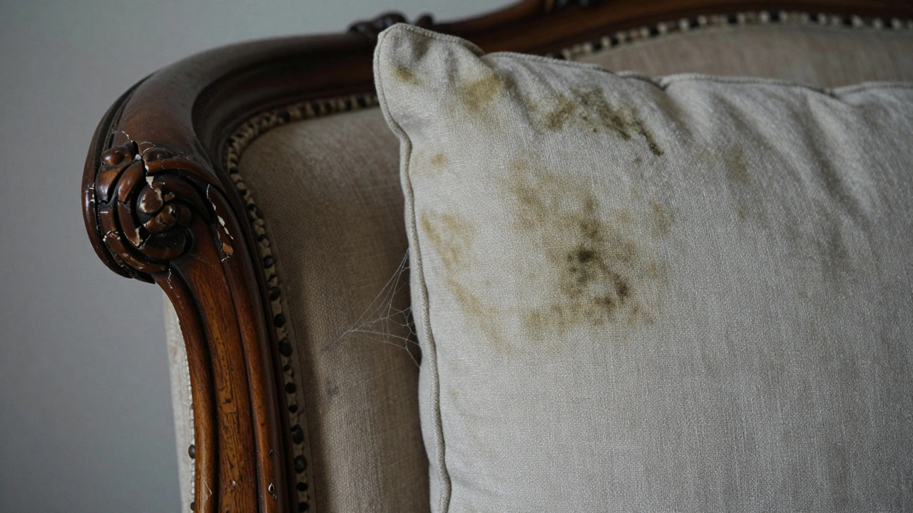 Comparison of a cracked antique wooden frame and mildew on a fabric cushion.