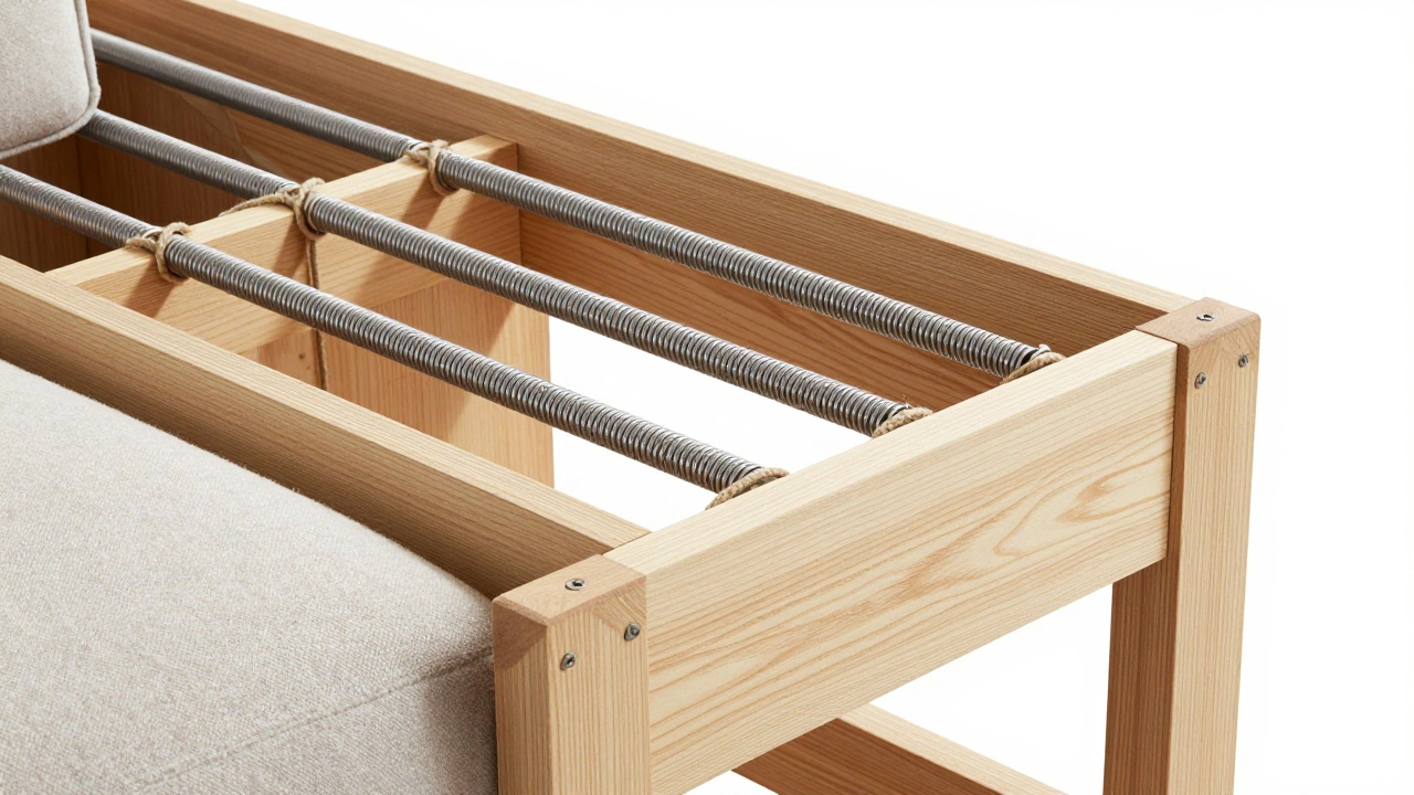 Cross-section of a sofa showing kiln-dried hardwood frame and hand-tied springs