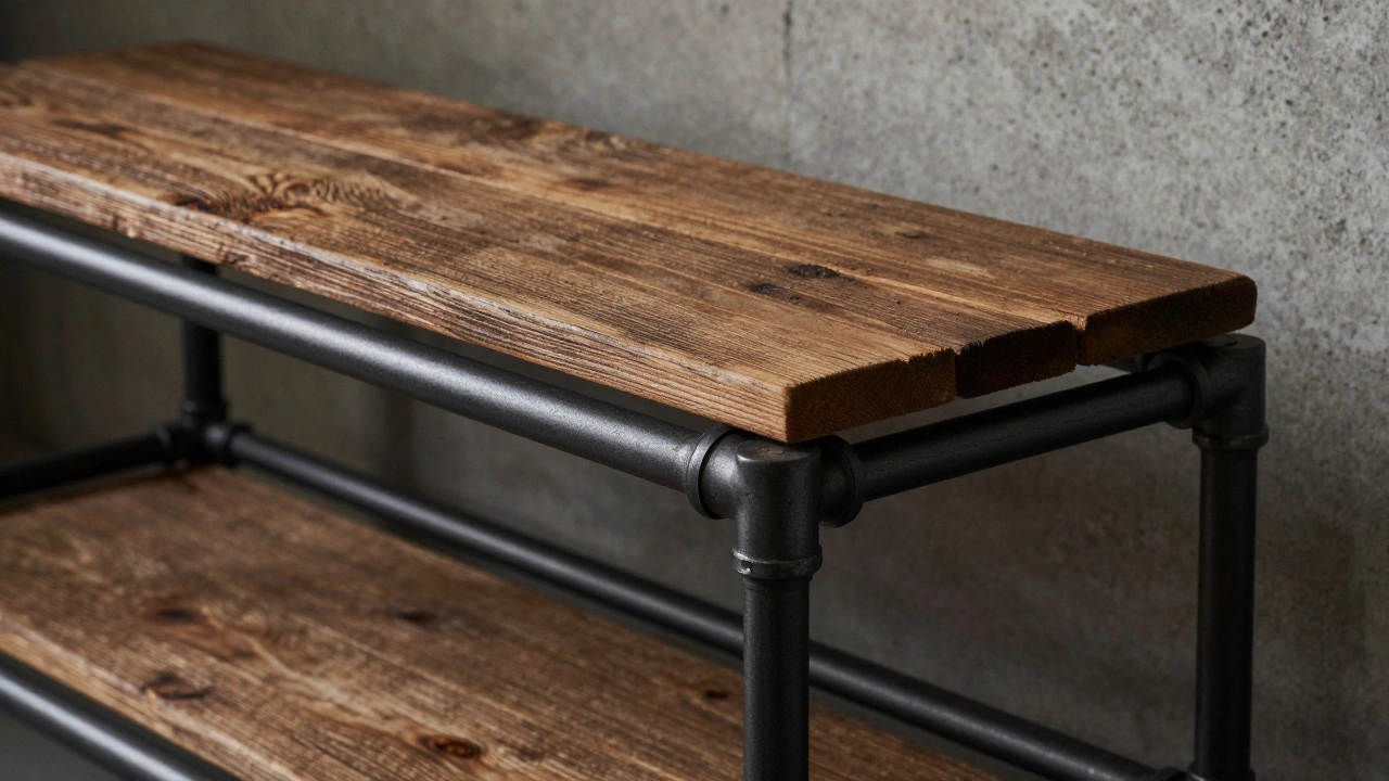 Industrial TV stand featuring black galvanized steel pipes and reclaimed timber planks.