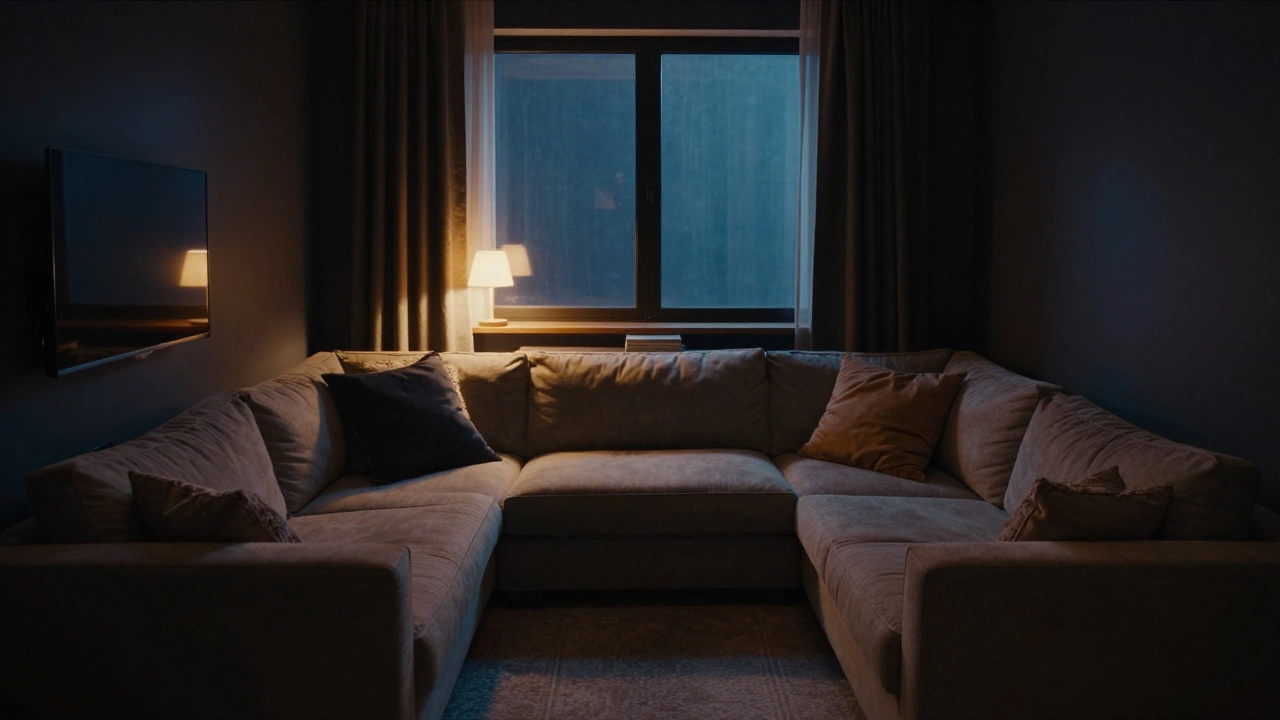 L-shaped sectional sofa with its back to a window and a console table behind it