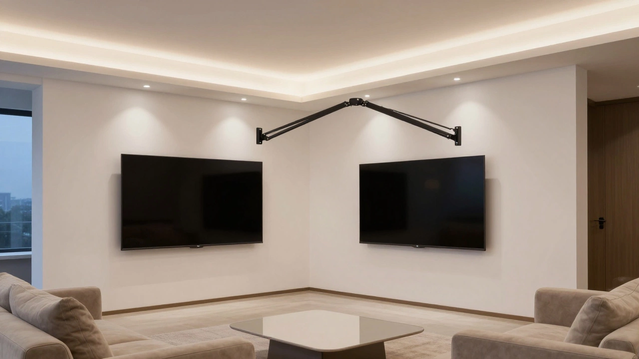 Large TV mounted on a wall with an articulating full-motion arm