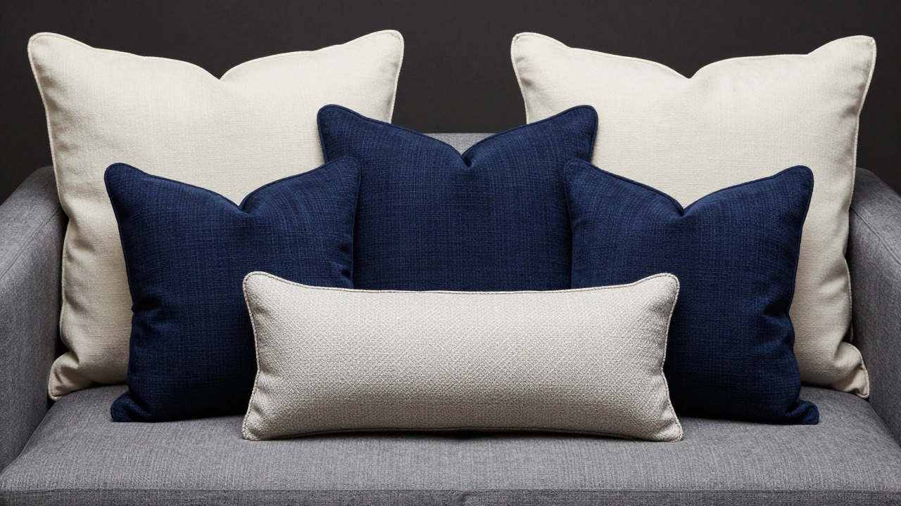 Layered arrangement of various sized cushions including square and lumbar pillows on a sofa