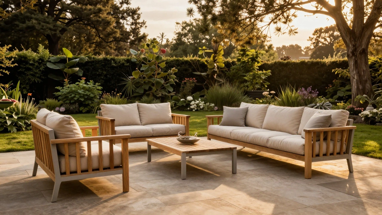 Luxury teak and aluminum outdoor furniture set in a lush, sunlit English garden during golden hour.