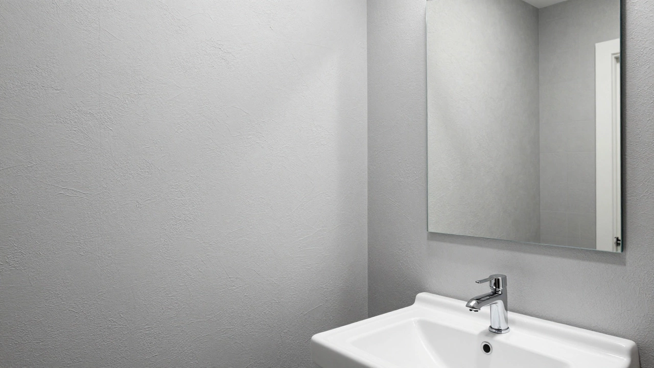 Modern bathroom featuring light grey embossed faux-plaster textured wallpaper