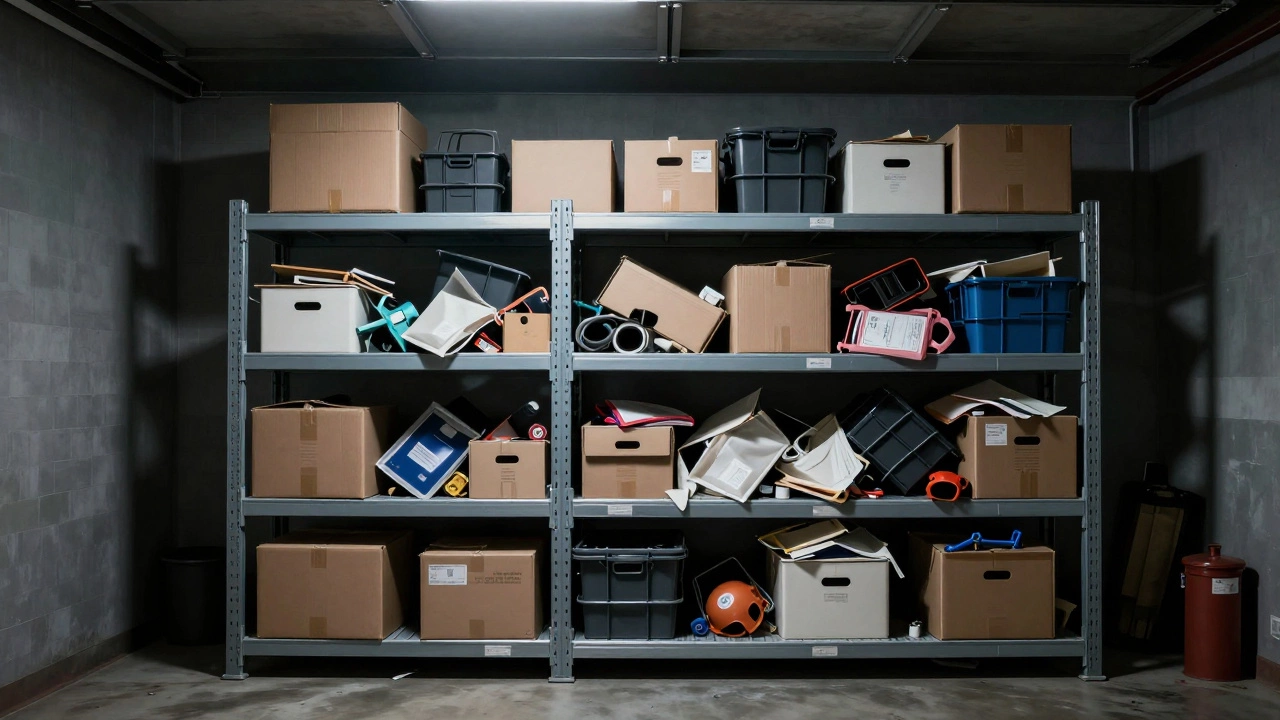 Overflowing industrial shelving units in a cluttered garage with deep shadows