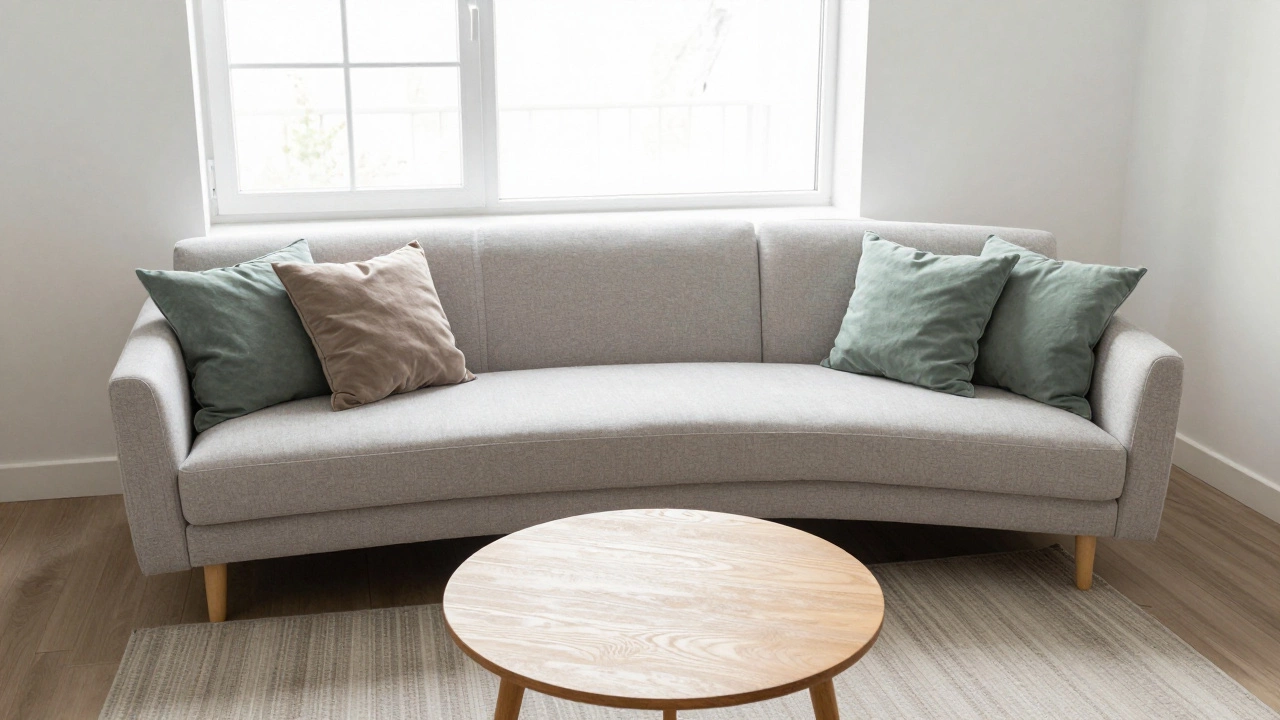 Sofa placed perpendicular to a window with a coffee table in a balanced living room