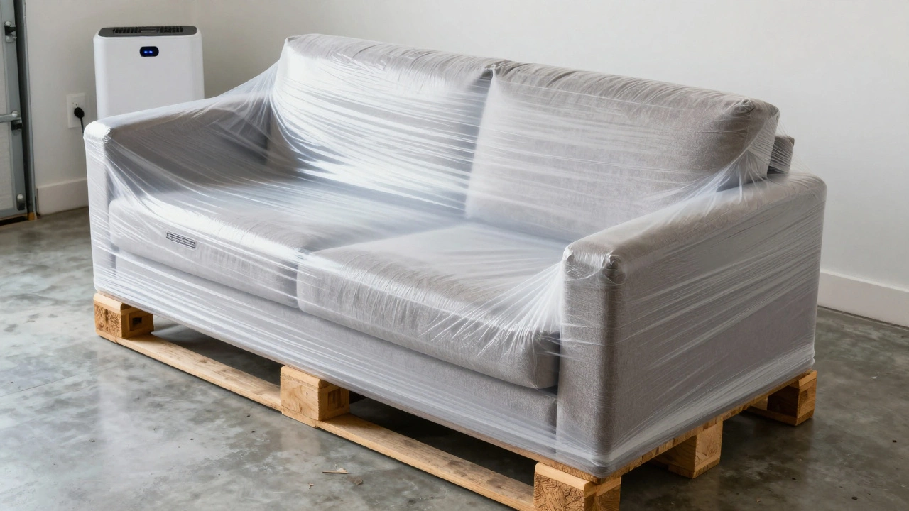 Sofa stored on wooden pallets and wrapped in plastic with a dehumidifier nearby.