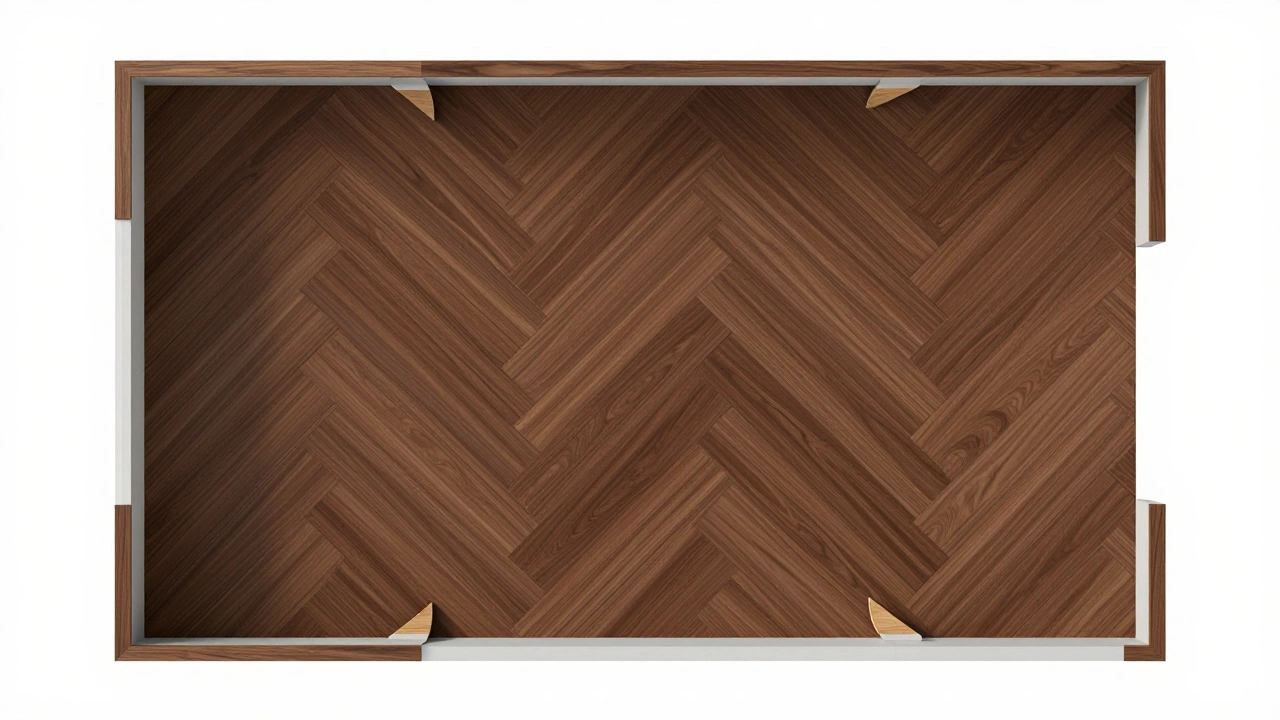 Top-down view of a herringbone floor pattern showing triangular waste cuts at the walls